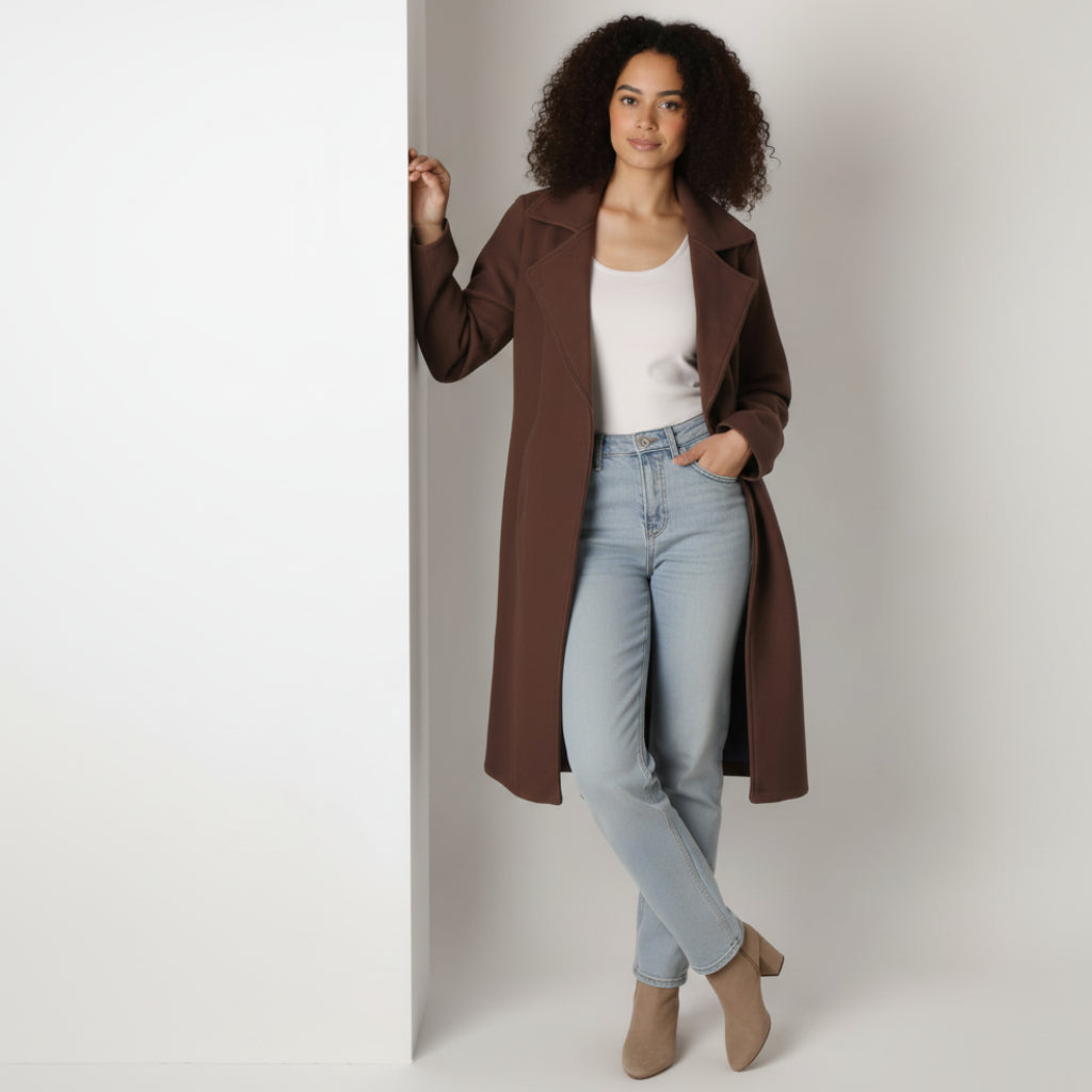 Women Regular Fit Belted Coat (Brown)