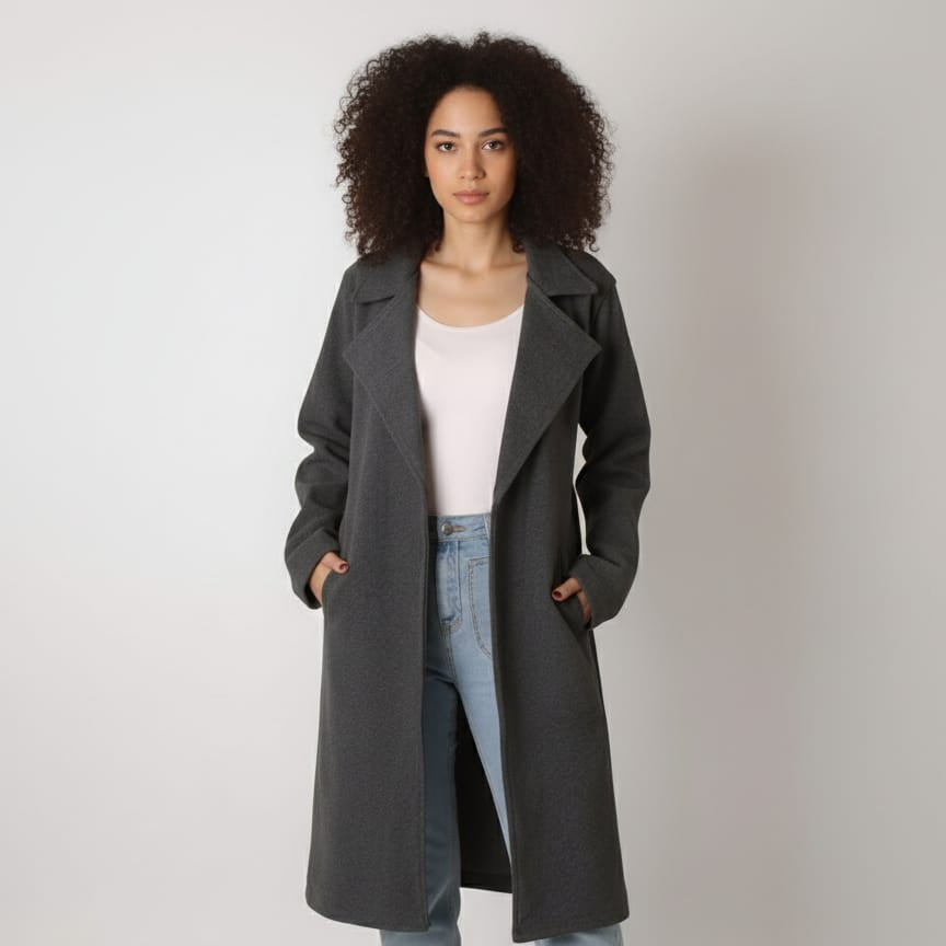 Women Regular Fit Belted Coat (Dark Gray)