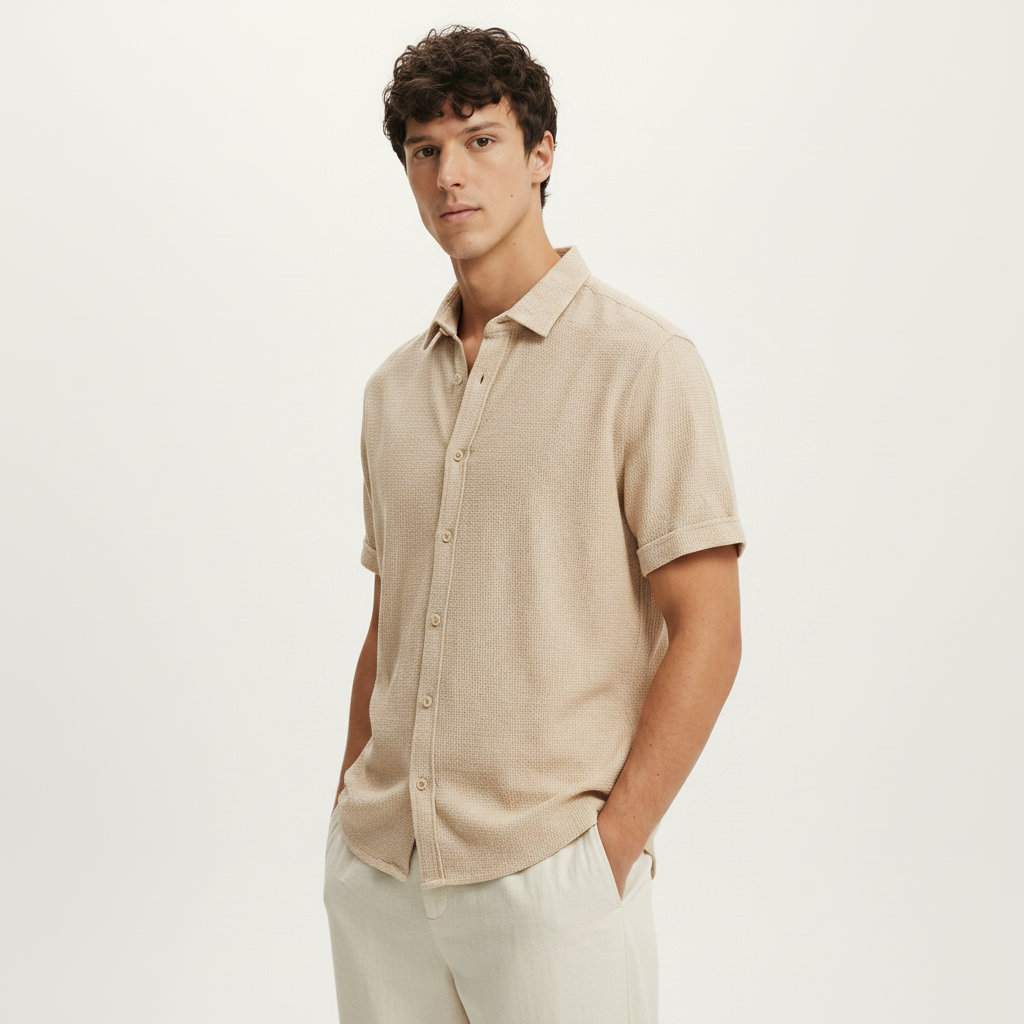 Men Regular Fit Shirt With Spread-Collar- Beige