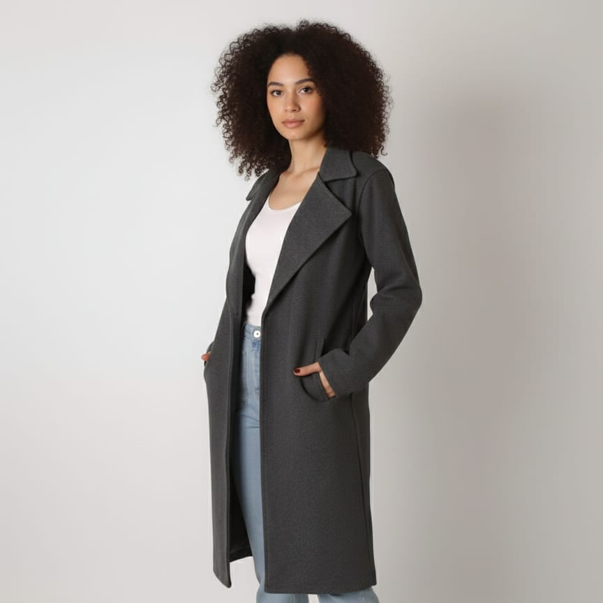 Women Regular Fit Belted Coat (Dark Gray)