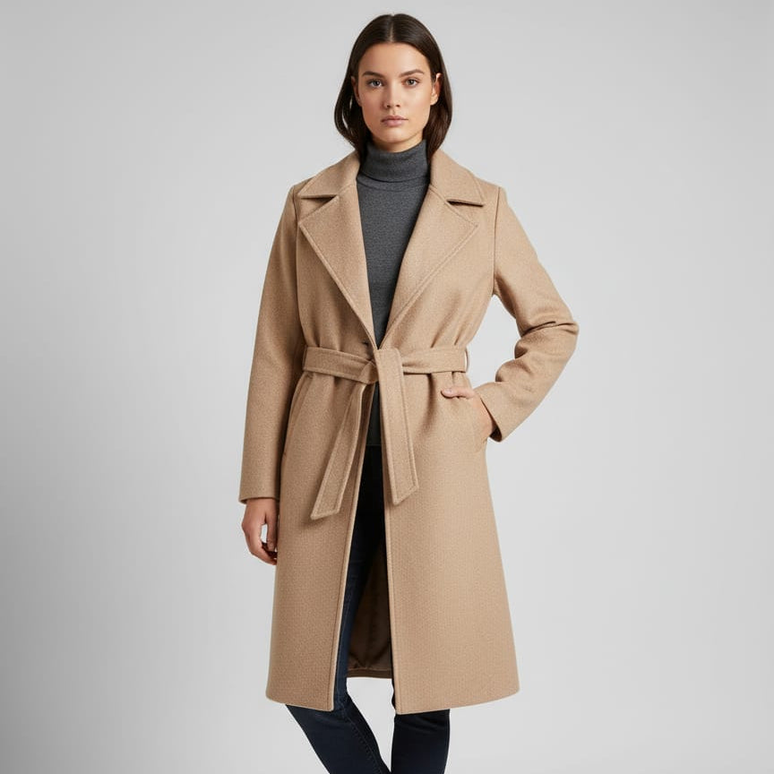 Women Regular Fit Belted Coat (Café)