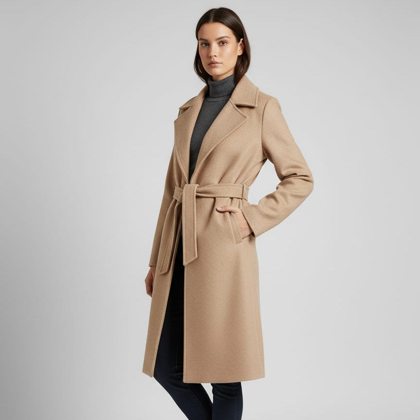 Women Regular Fit Belted Coat (Café)