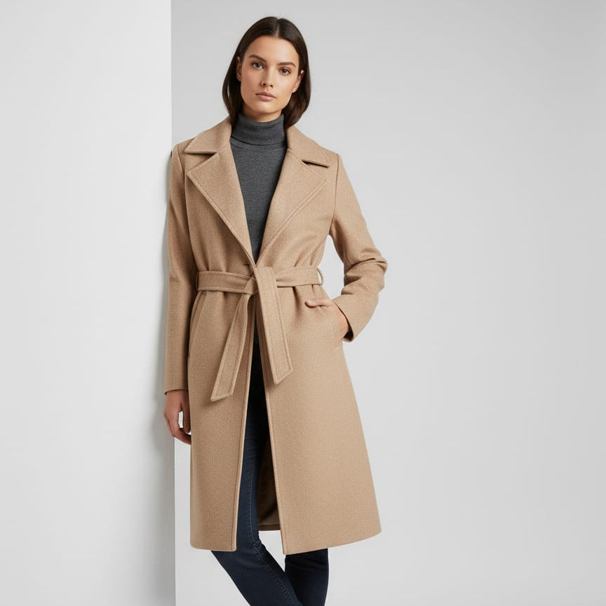 Women Regular Fit Belted Coat (Café)