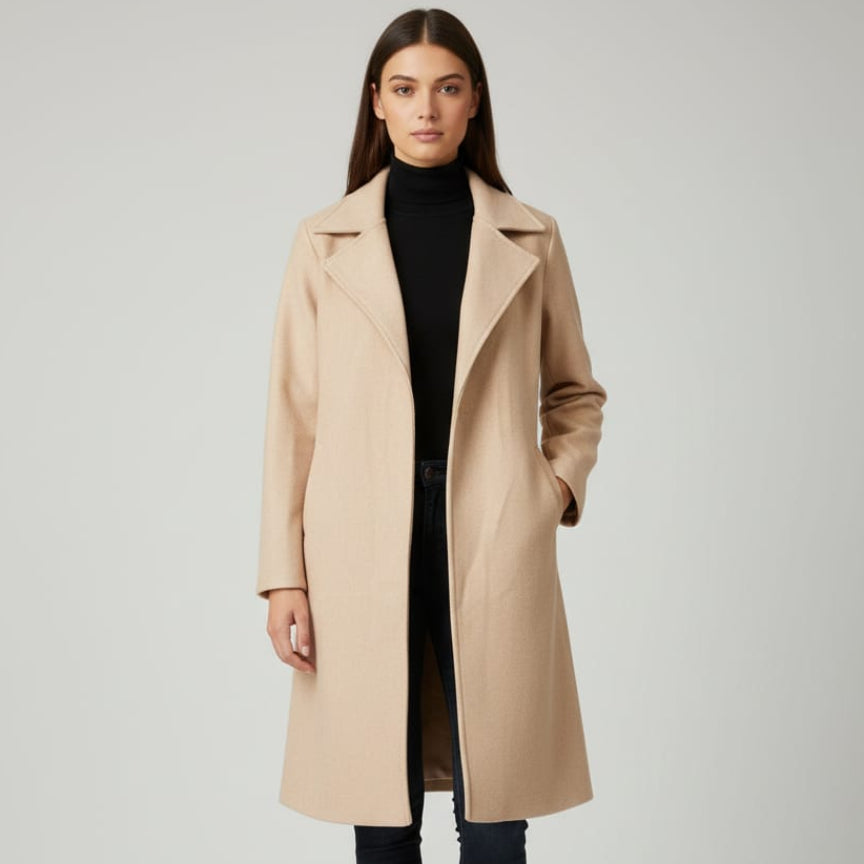 Women Regular Fit Belted Coat (Beige)