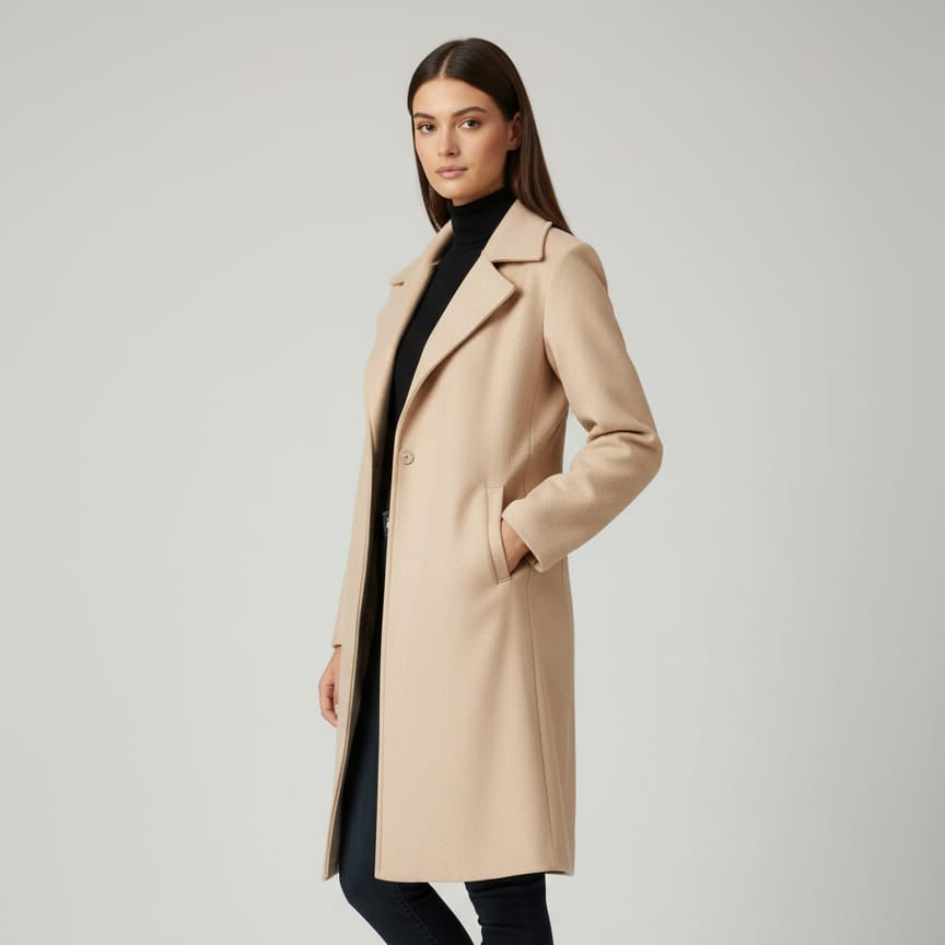Women Regular Fit Belted Coat (Beige)