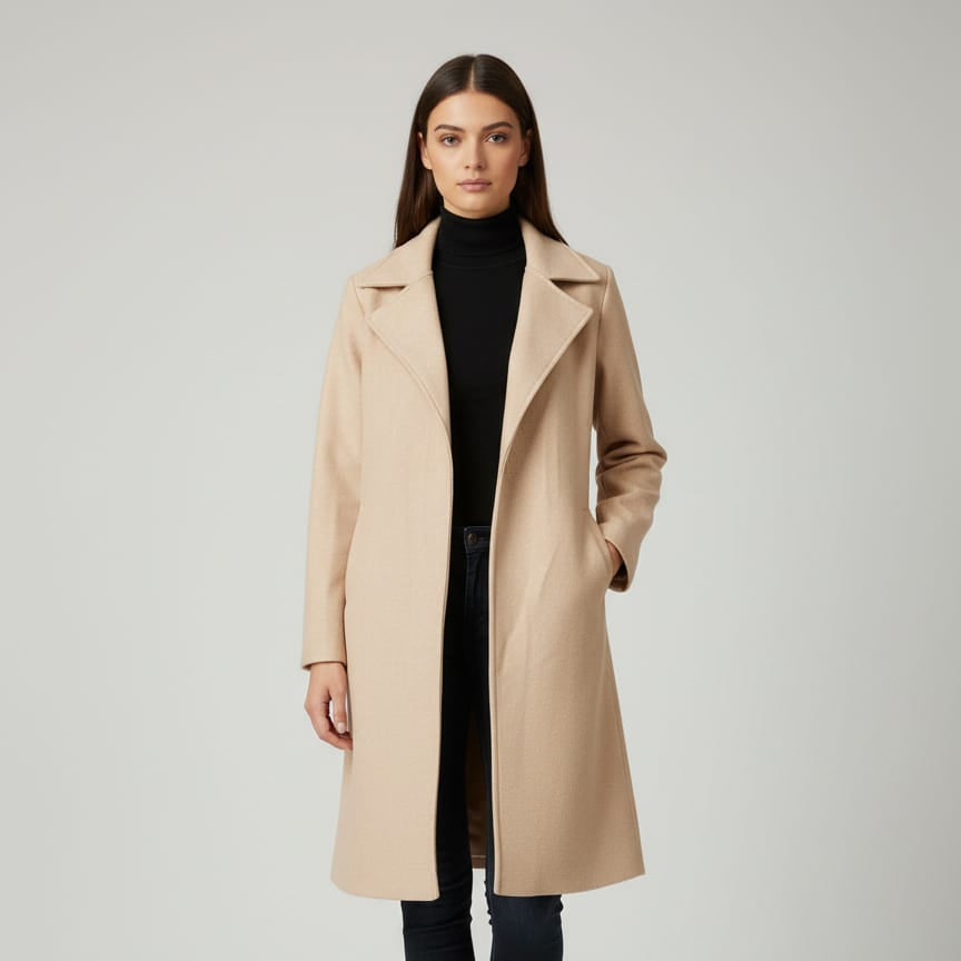 Women Regular Fit Belted Coat (Beige)