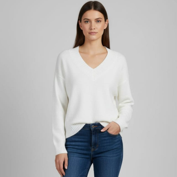 Women Over Size V-Neck Pullover (White)