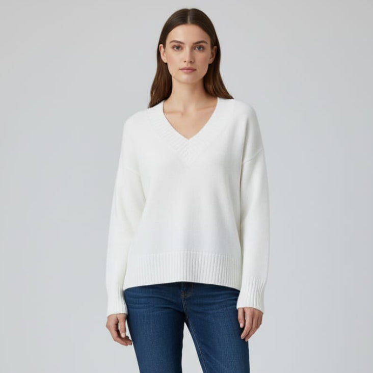 Women Over Size V-Neck Pullover (White)