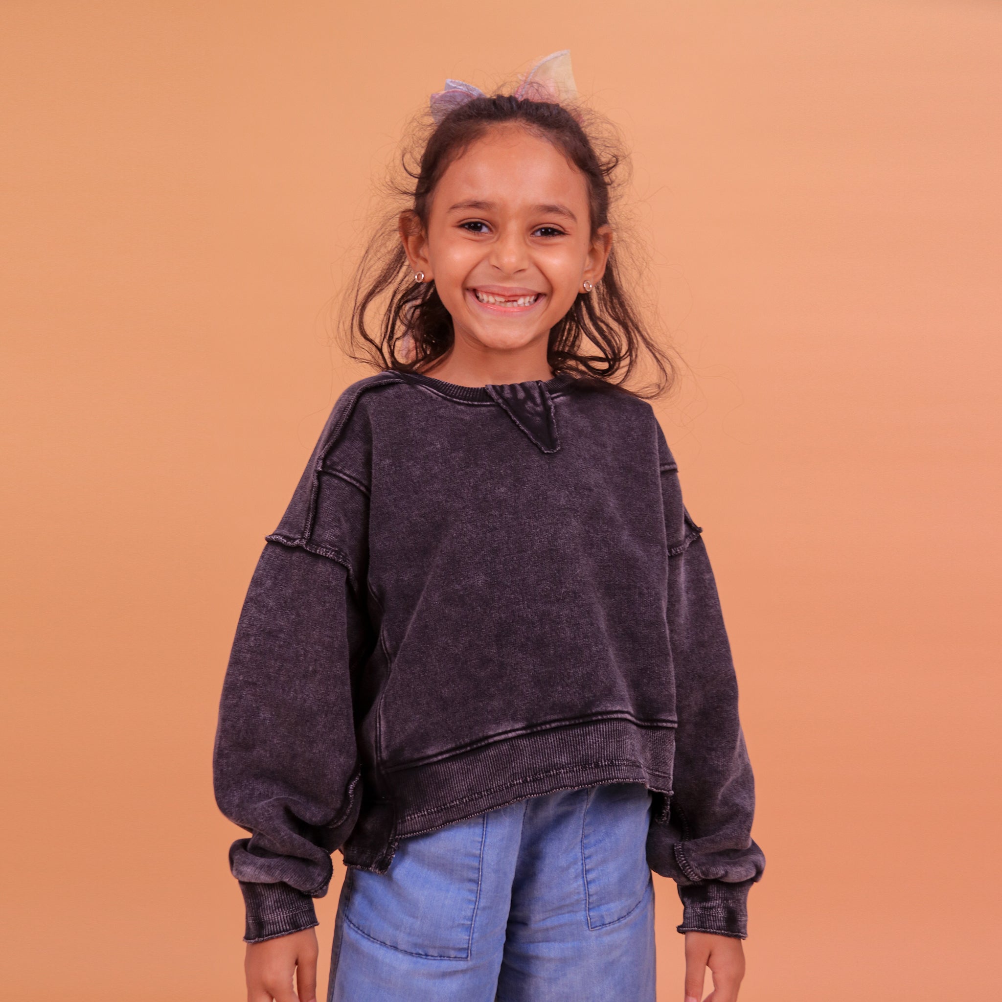 Girls Crew Neck Crop Padded Melton (Black)