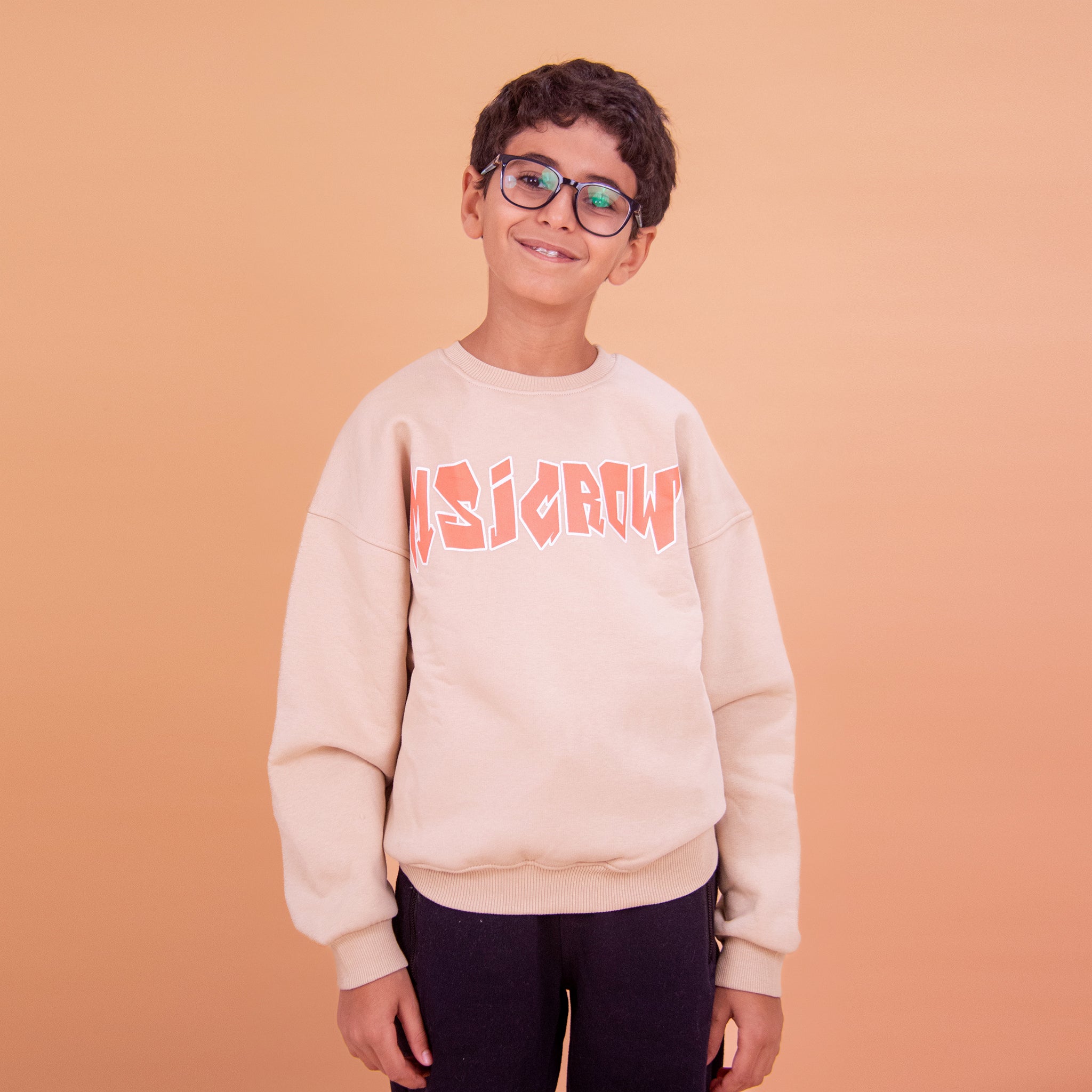 Boys Crew Neck Printed Padded Melton (Beige)