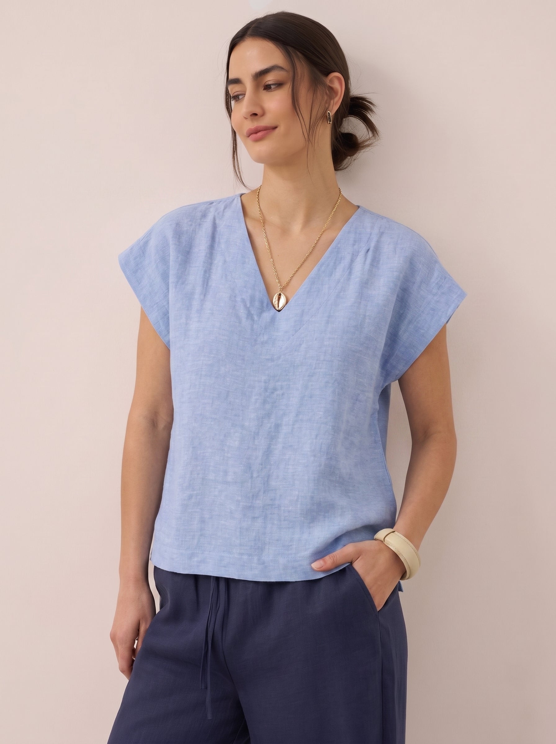 Women V Neck Linen (Baby Blue)