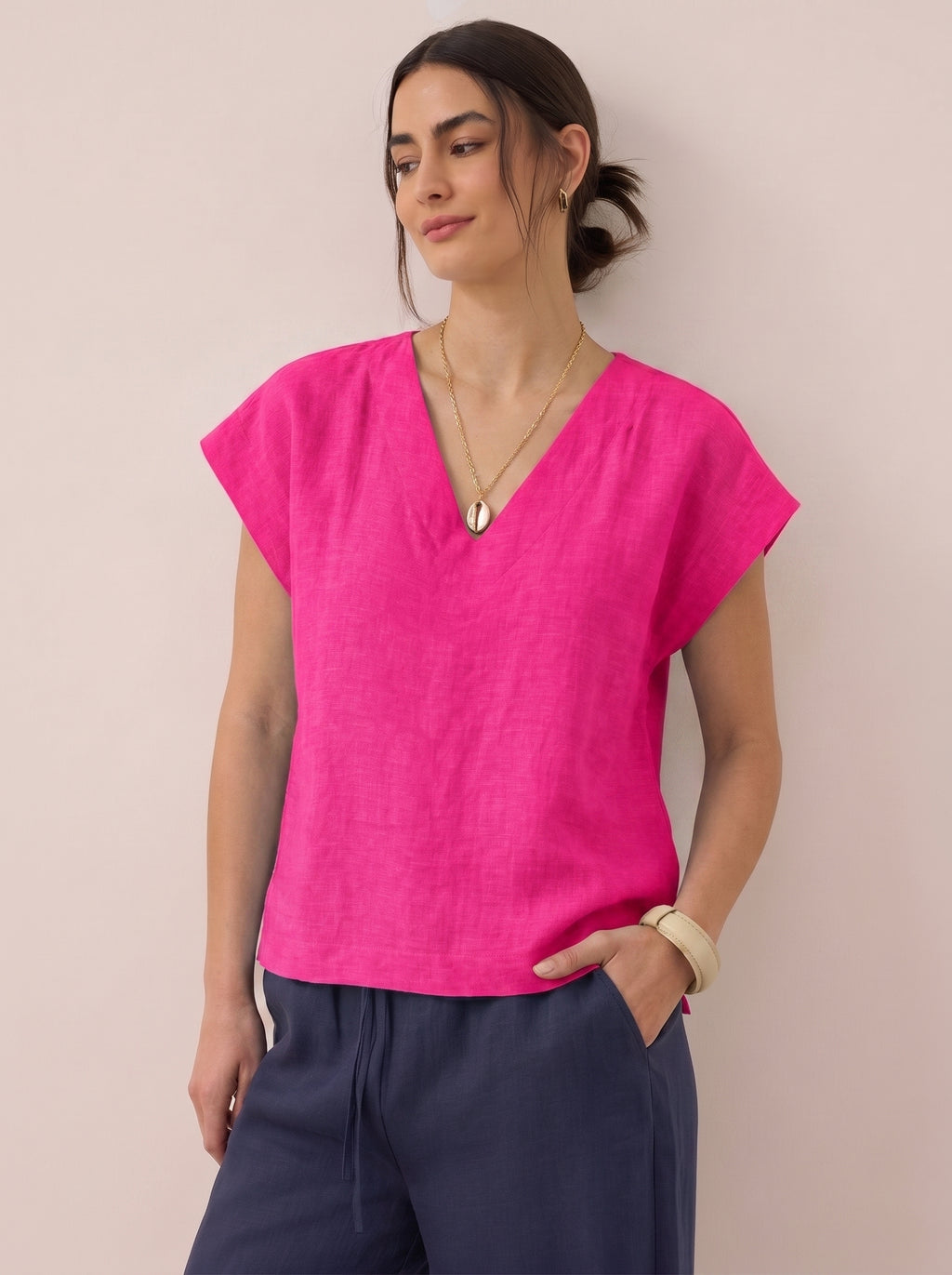 Women V Neck Linen (Fuchsia)