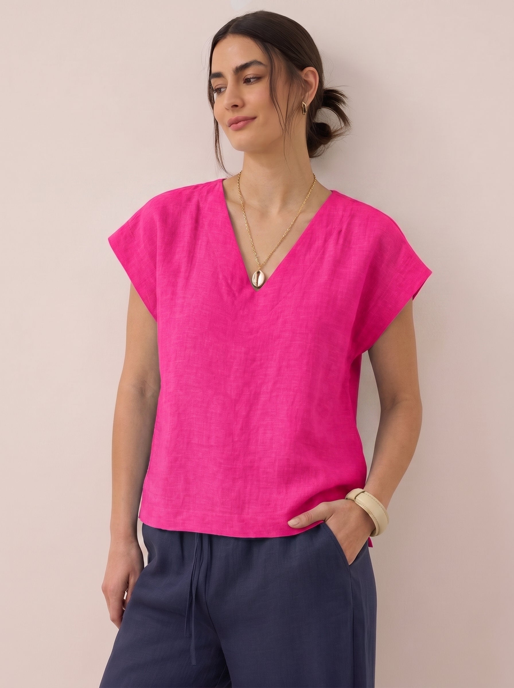Women V Neck Linen (Fuchsia)