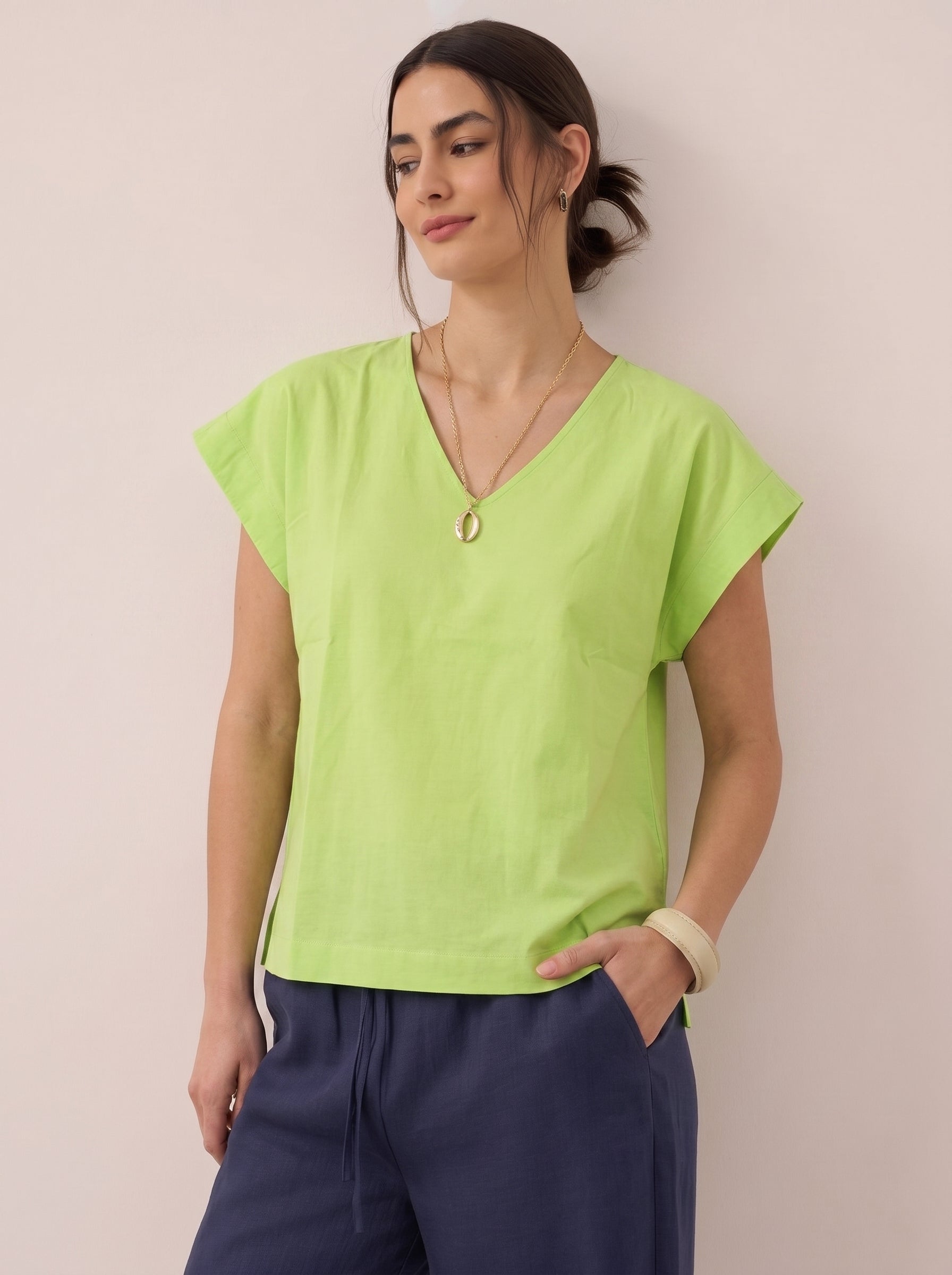Women V Neck Linen (Light Green)