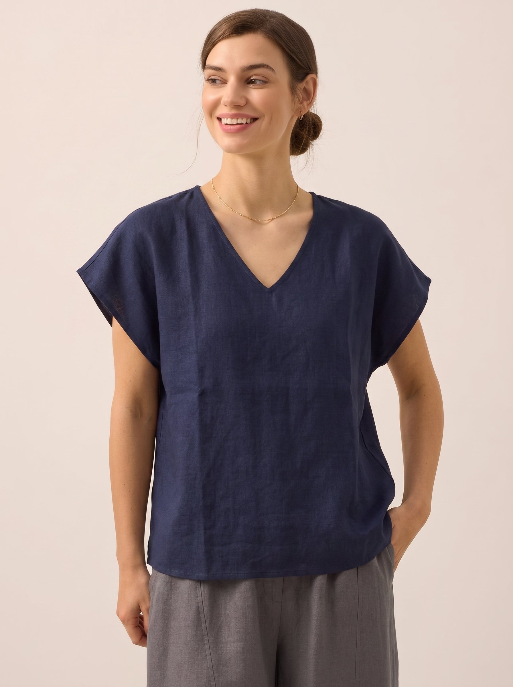 Women V Neck Linen (Blue)