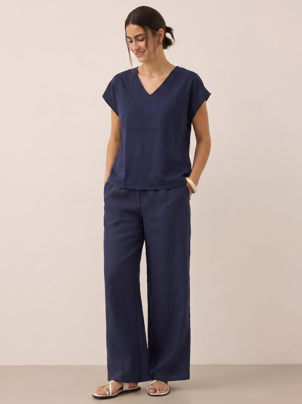 Women V Neck Linen (Blue)