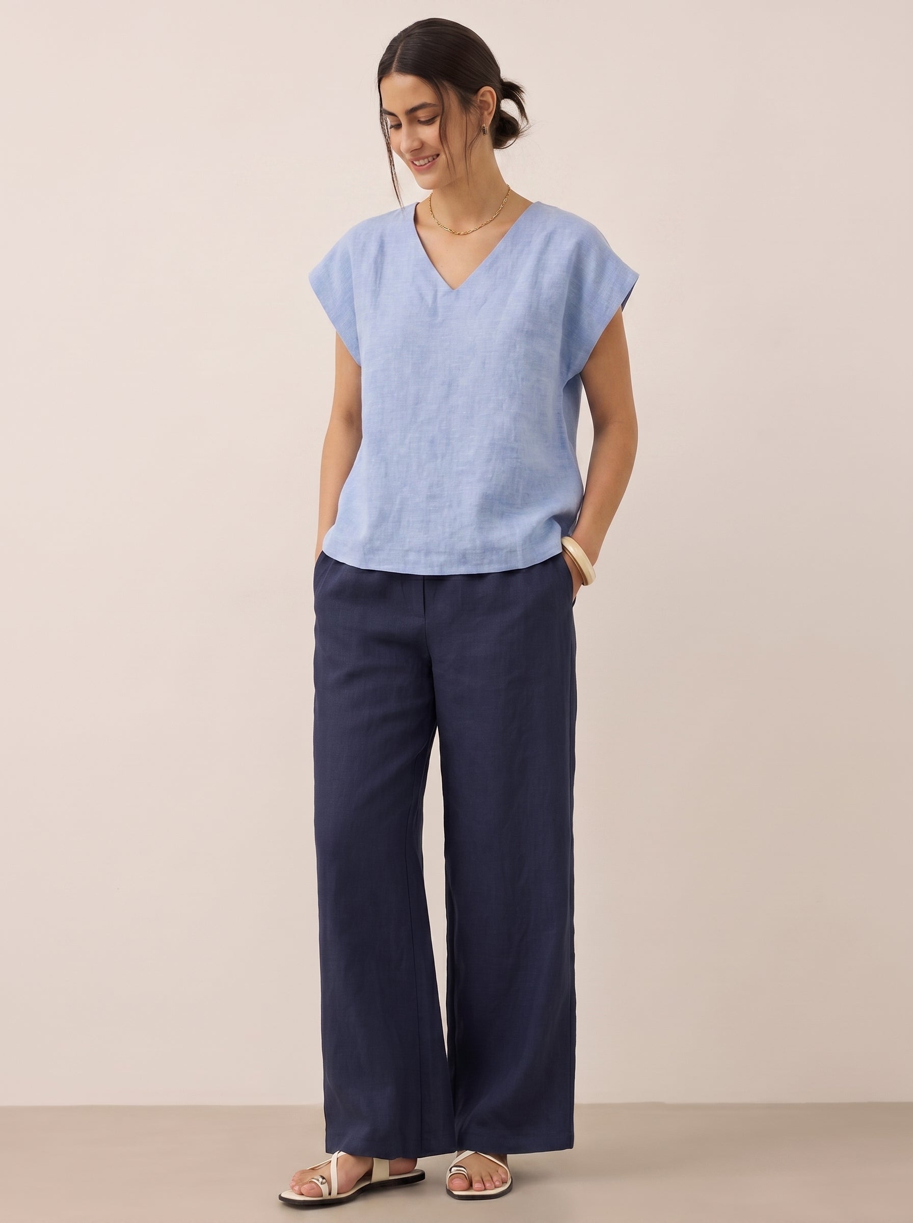 Women V Neck Linen (Baby Blue)