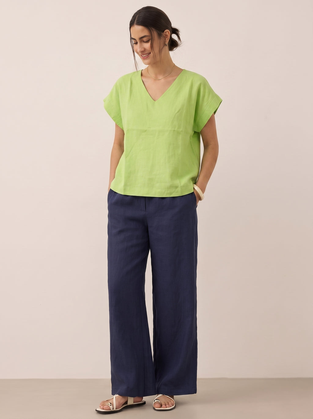 Women V Neck Linen (Light Green)