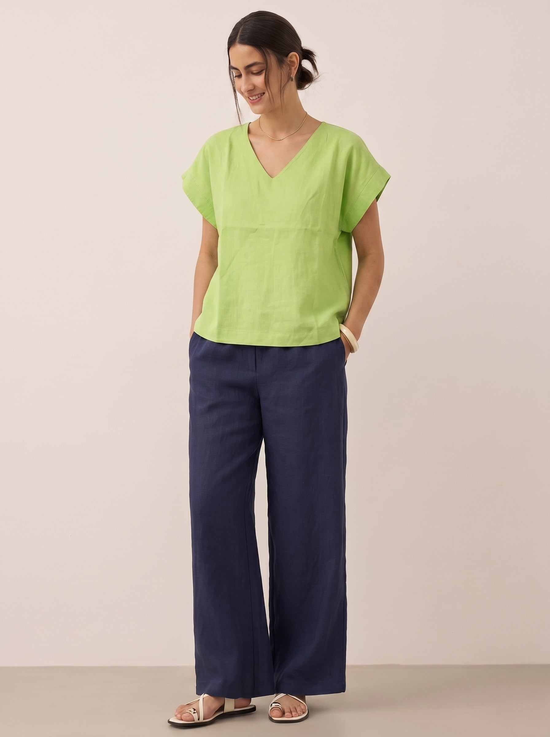 Women V Neck Linen (Light Green)