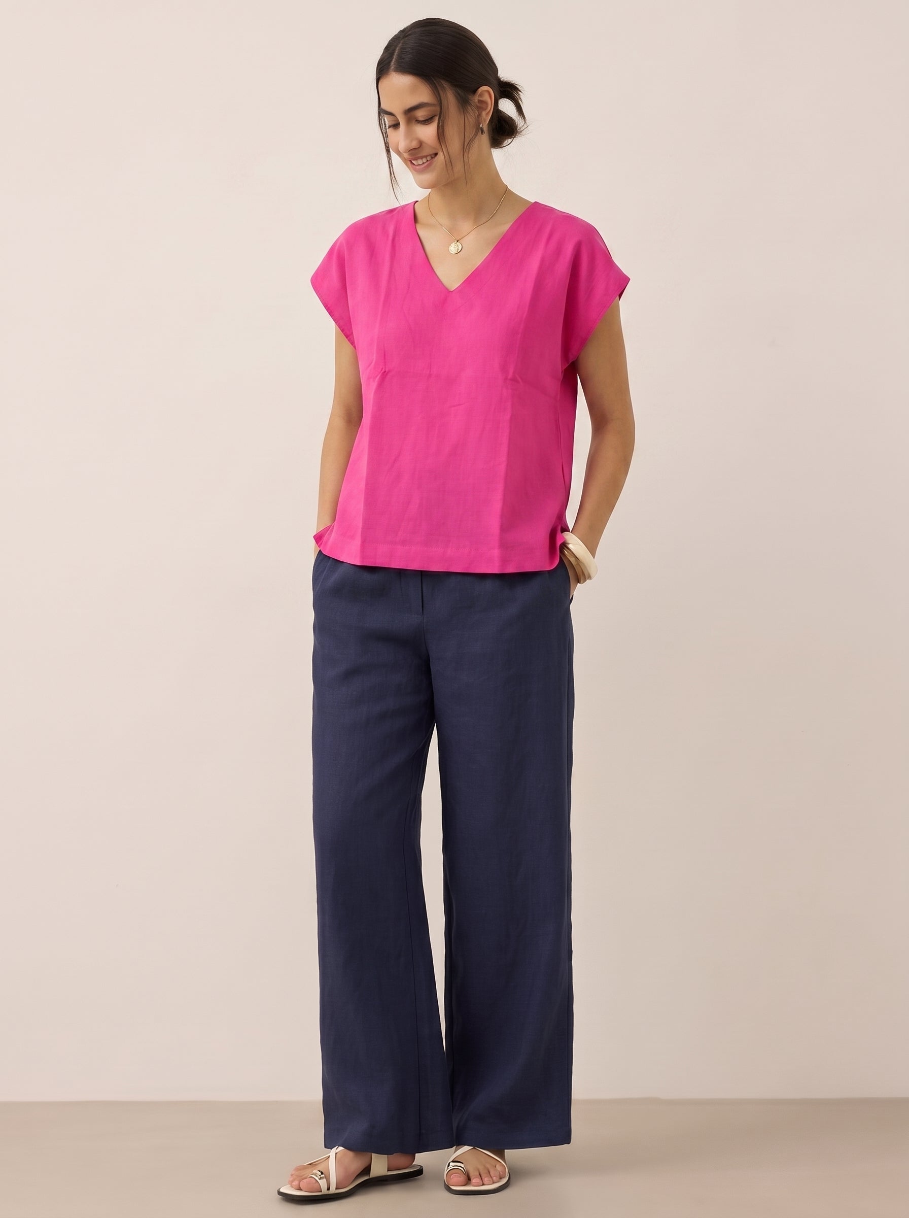 Women V Neck Linen (Fuchsia)