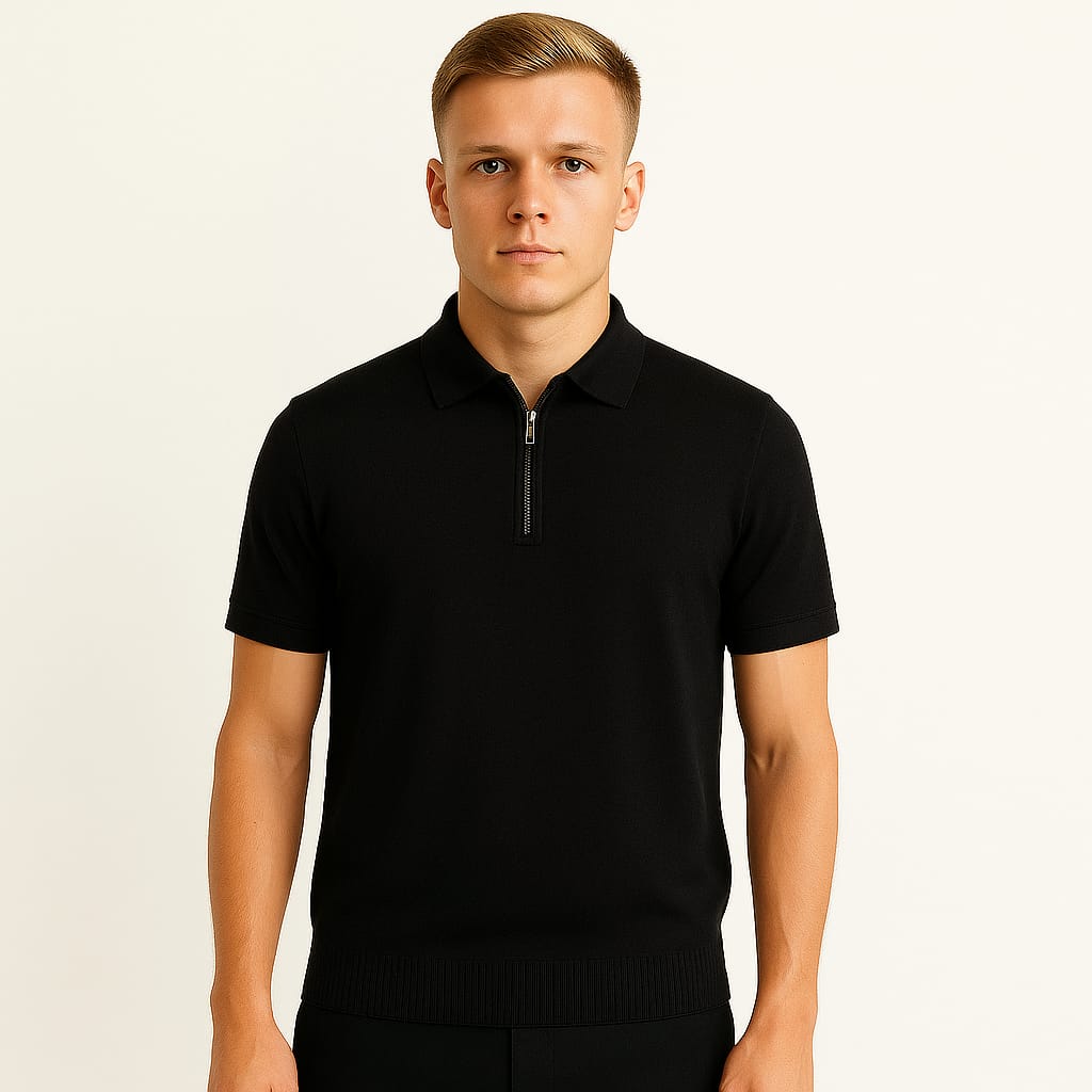 Men cotton polo shirt with a collar, made from a woven viscose blend. Front zip, short sleeves-