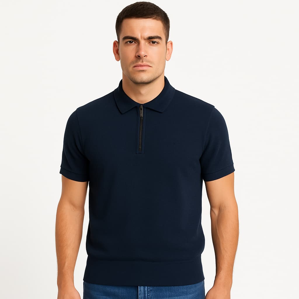 Men cotton polo shirt with a collar, made from a woven viscose blend. Front zip, short sleeves-