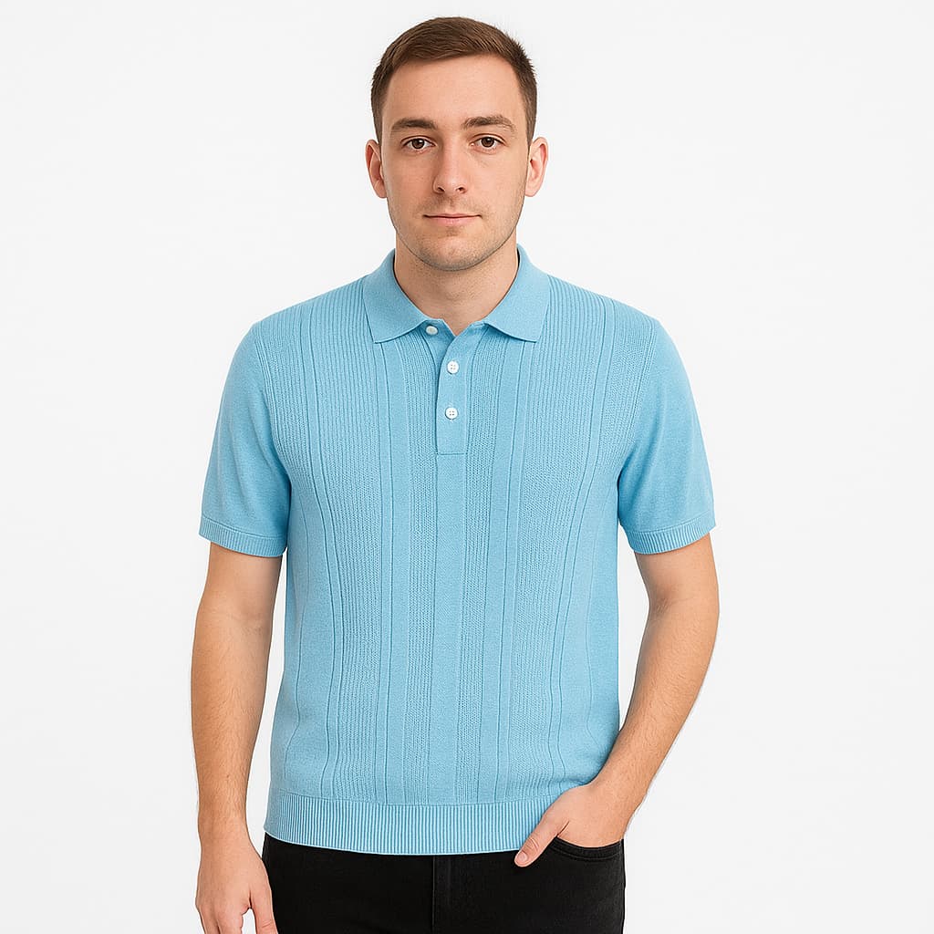 Men cotton polo shirt with collar, made of a woven viscose blend. Front buttons, short sleeves -