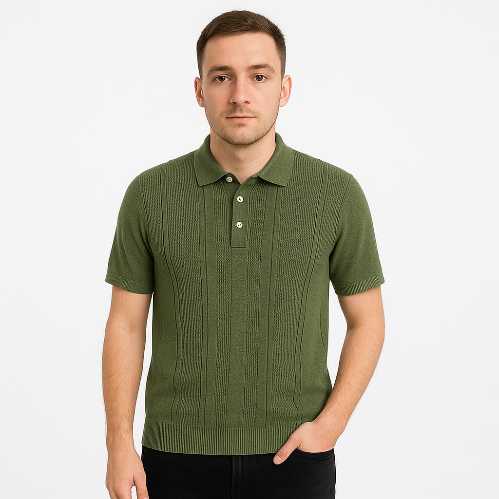 Men cotton polo shirt with collar, made of a woven viscose blend. Front buttons, short sleeves -