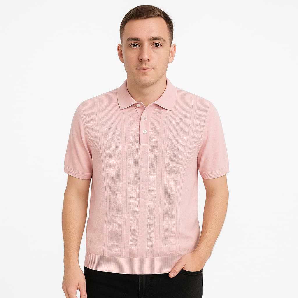 Men cotton polo shirt with collar, made of a woven viscose blend. Front buttons, short sleeves -