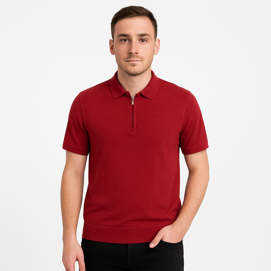 Men cotton polo shirt with a collar, made from a woven viscose blend. Front zip, short sleeves-