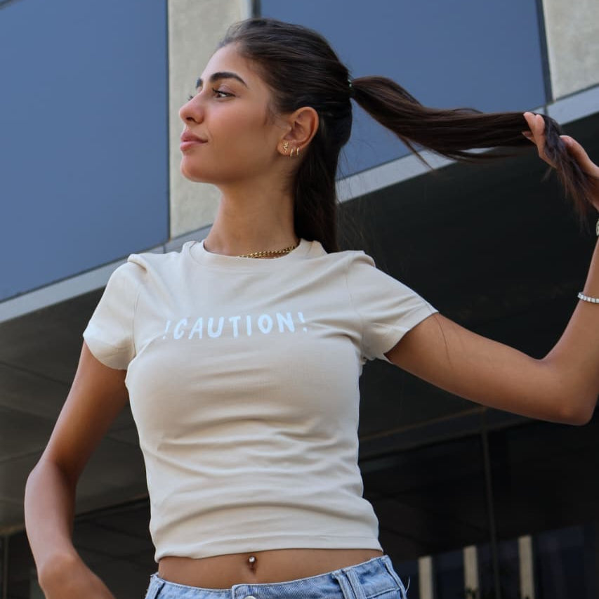 Women Printed Caution Top (Beige)