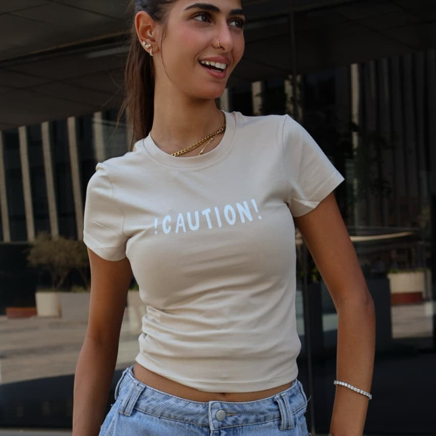 Women Printed Caution Top (Beige)