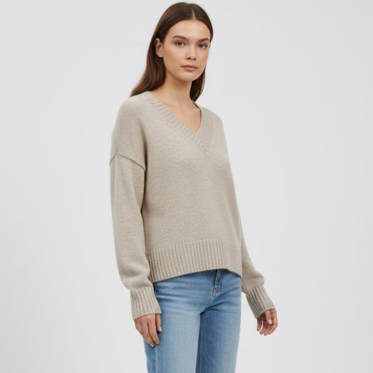 Women Over Size V-Neck Pullover (Beige)