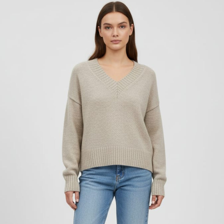 Women Over Size V-Neck Pullover (Beige)