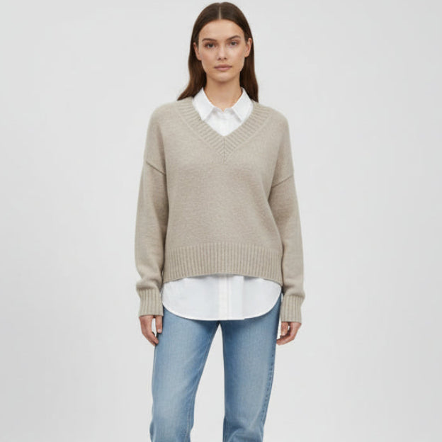 Women Over Size V-Neck Pullover (Beige)