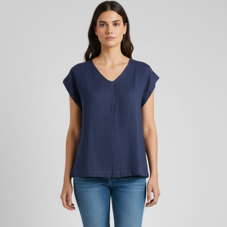 Women V Neck Linen (Blue)