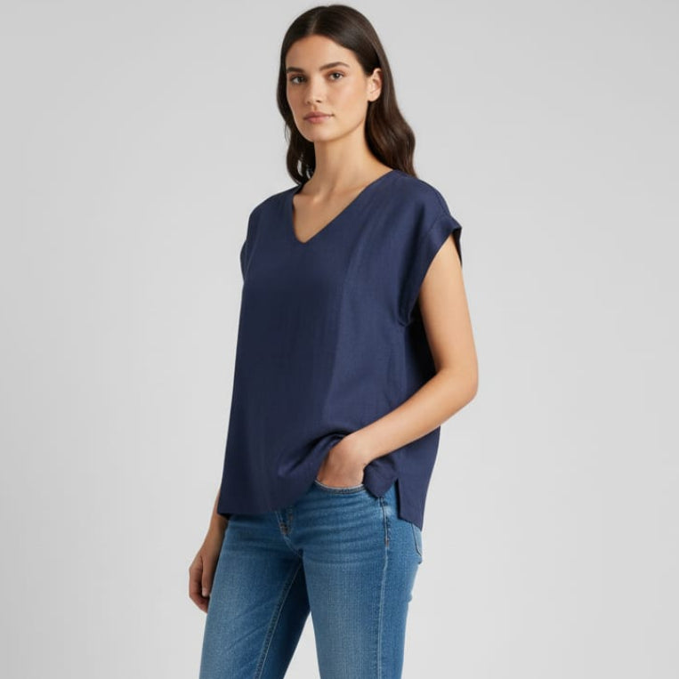 Women V Neck Linen (Blue)
