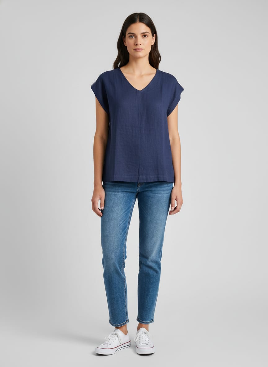 Women V Neck Linen (Blue)