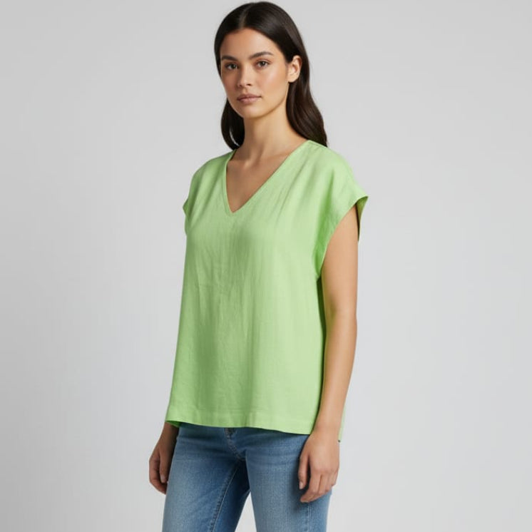 Women V Neck Linen (Light Green)