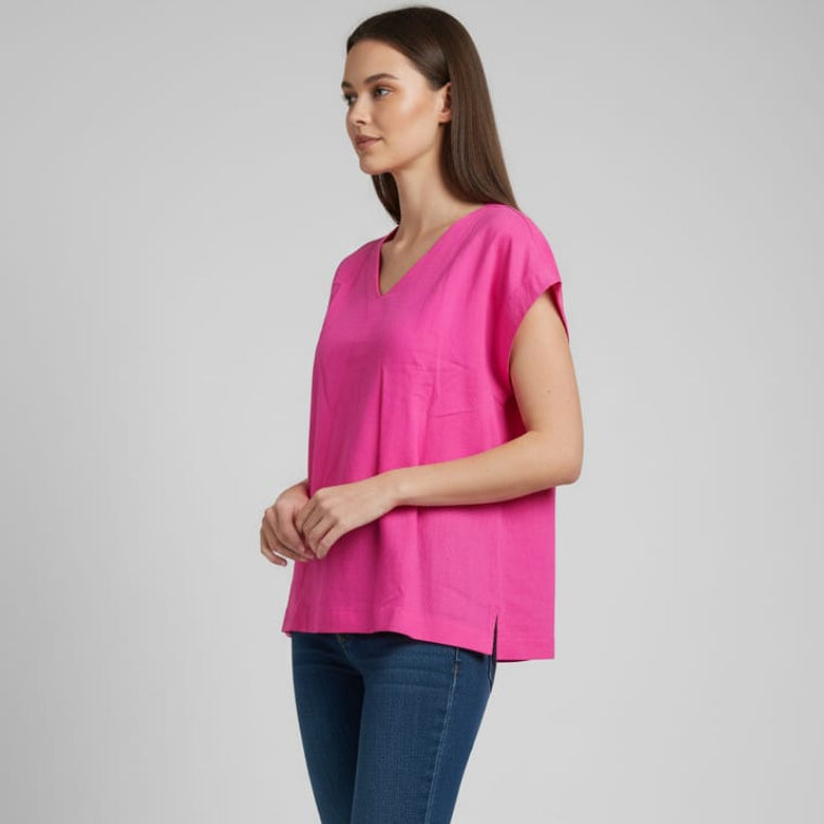Women V Neck Linen (Fuchsia)
