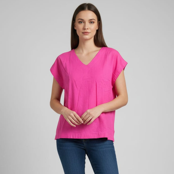Women V Neck Linen (Fuchsia)