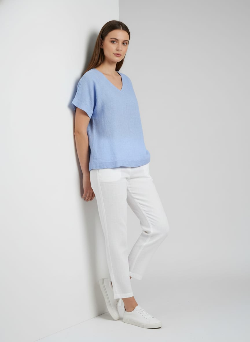 Women V Neck Linen (Baby Blue)