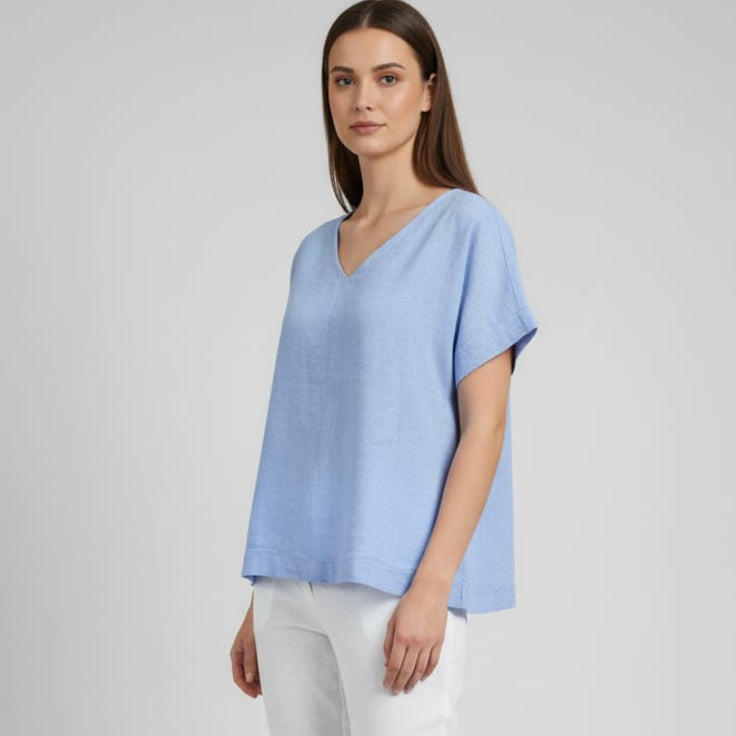 Women V Neck Linen (Baby Blue)