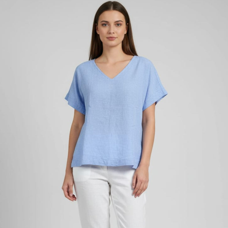 Women V Neck Linen (Baby Blue)