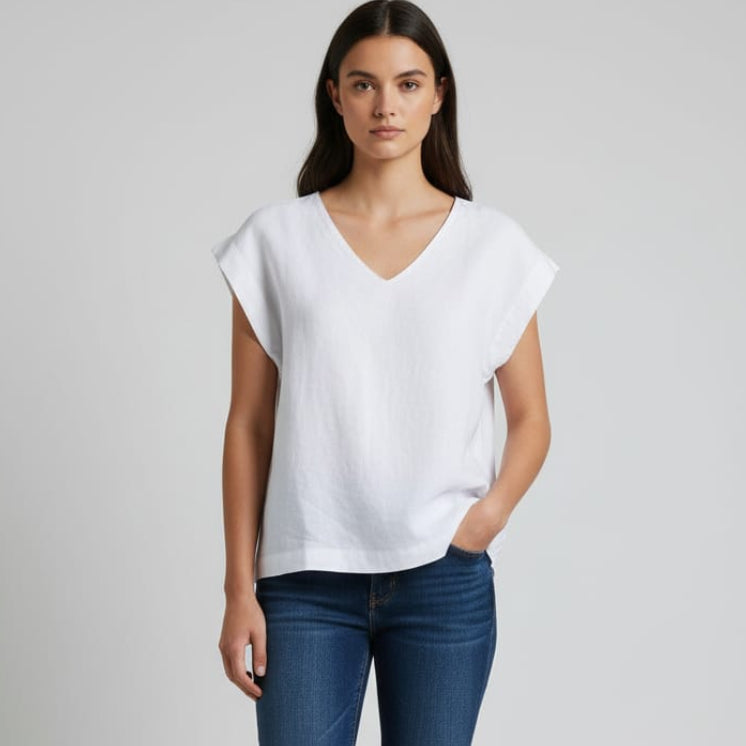 Women V Neck Linen (White)