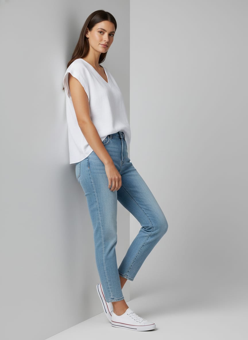 Women V Neck Linen (White)
