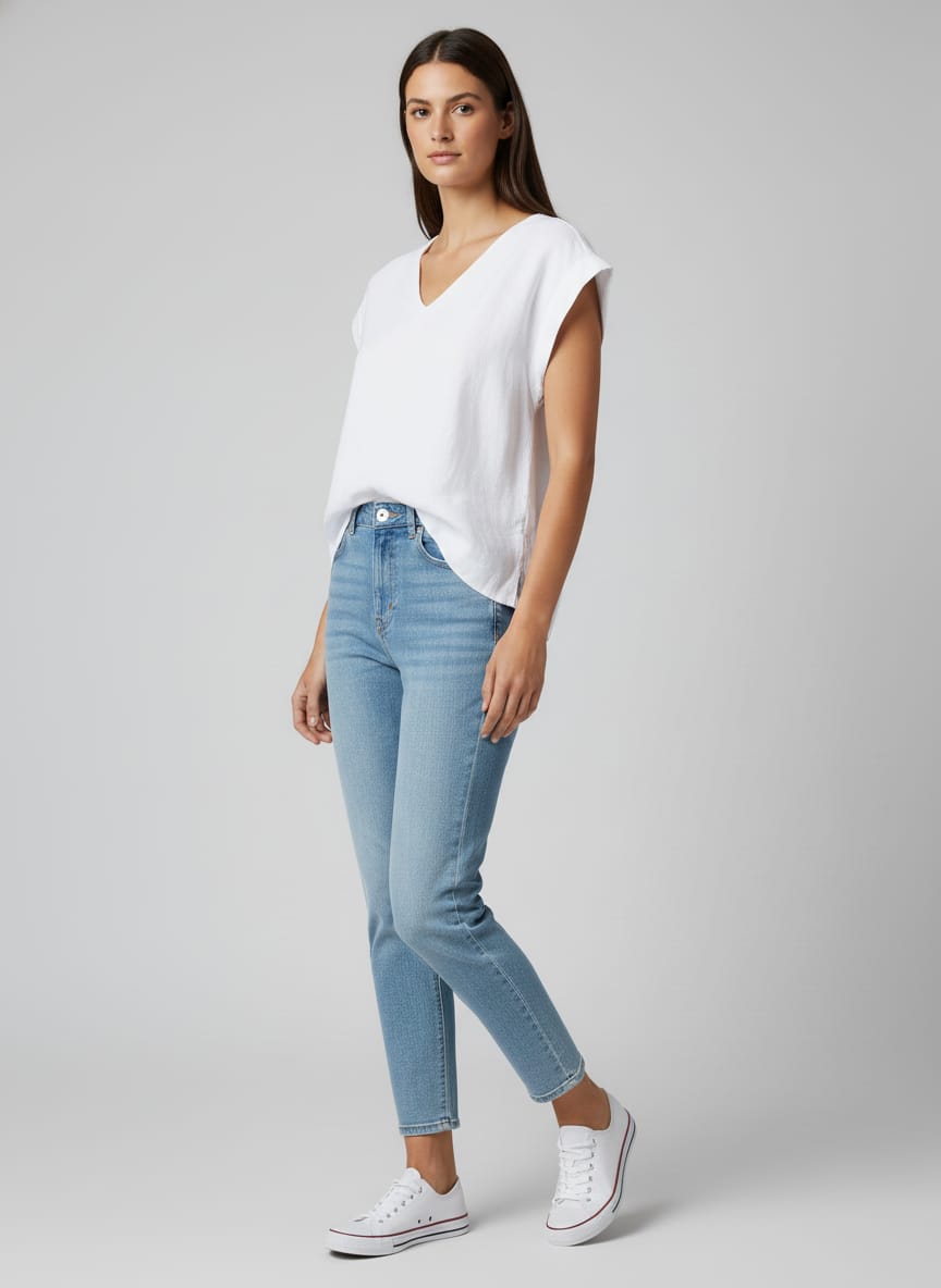 Women V Neck Linen (White)
