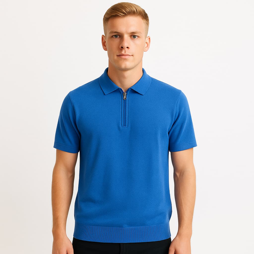 Men cotton polo shirt with a collar, made from a woven viscose blend. Front zip, short sleeves-