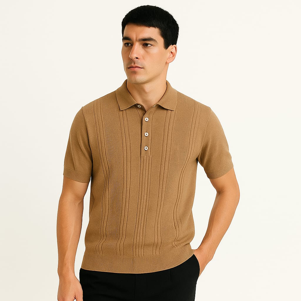 Men cotton polo shirt with collar, made of a woven viscose blend. Front buttons, short sleeves -