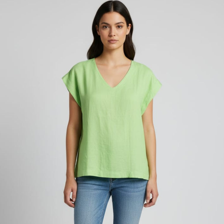 Women V Neck Linen (Light Green)